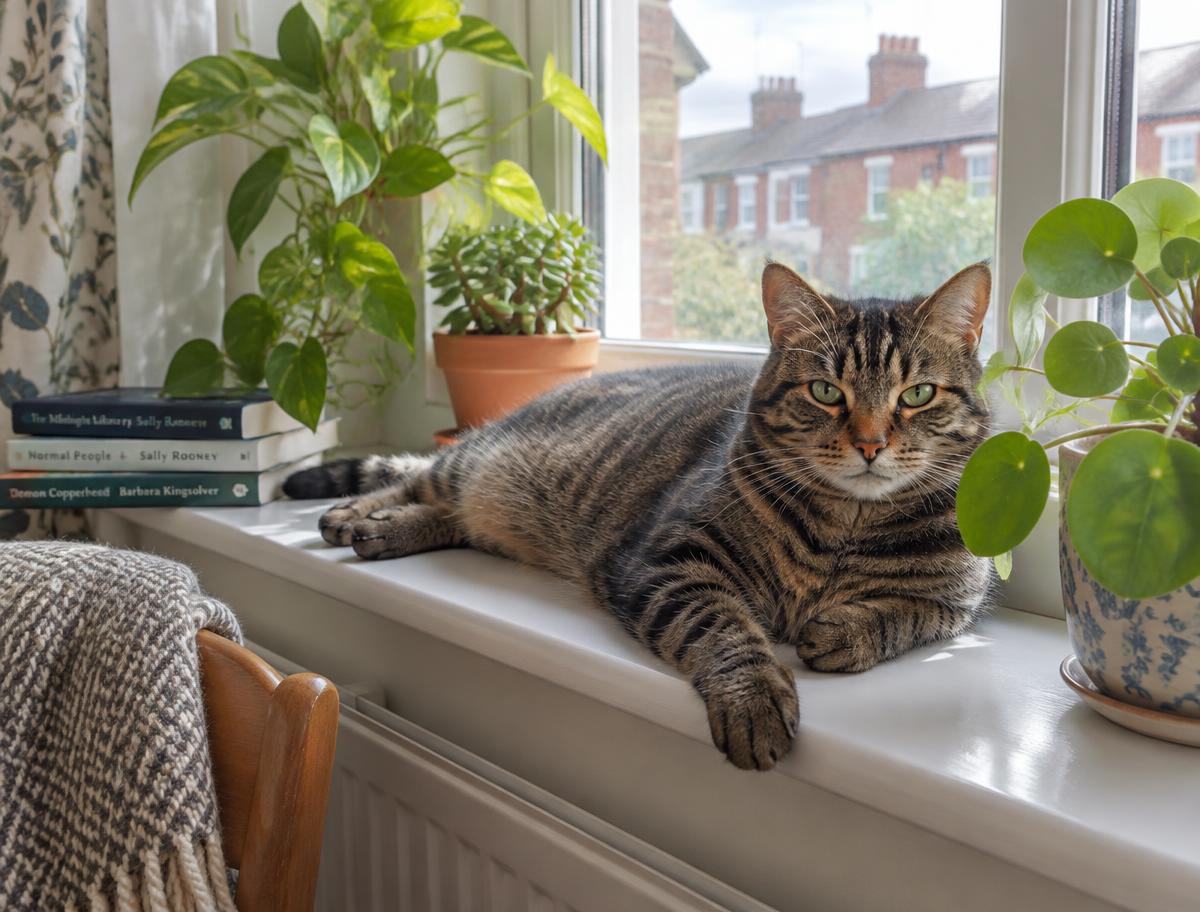 A tabby cat relaxing on a sunny windowsill among houseplants