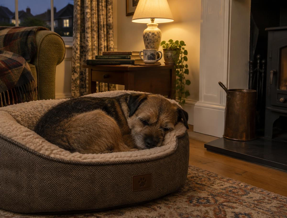 A sleepy terrier curled up in a dog bed in a lamp-lit living room