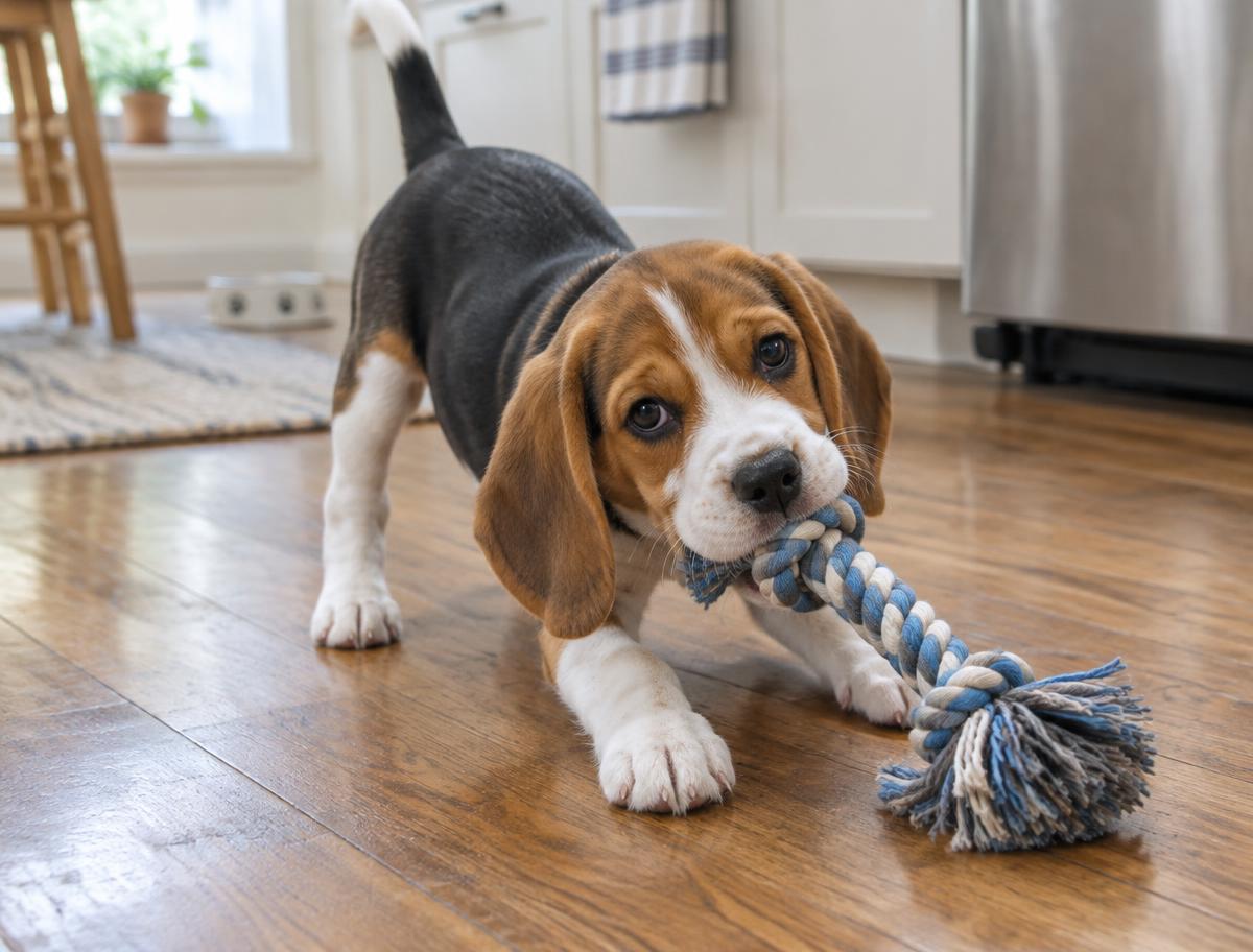 A beagle puppy playing with a rope toy on a kitchen floor